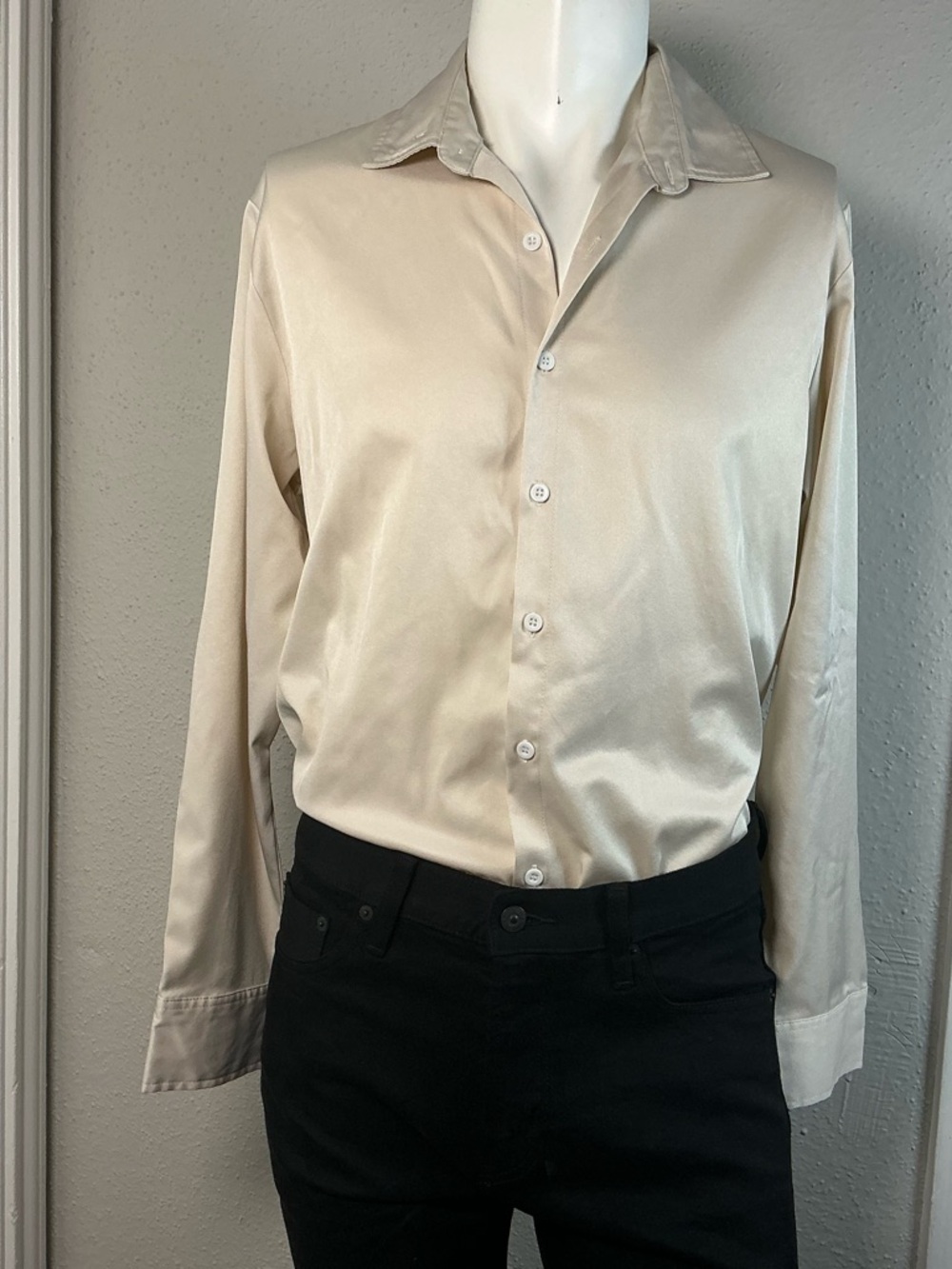 SHEIN Men's Long-Sleeve Satin Button-Up Shirt in Light Beige - Picture 6 of 9